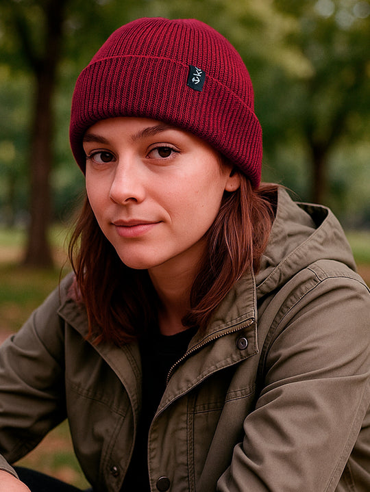 Gorro Modelo Marinheiro Curto na Cor Vinho Quente em Lã Cenelado - Mulher usando em uma praça com árvores