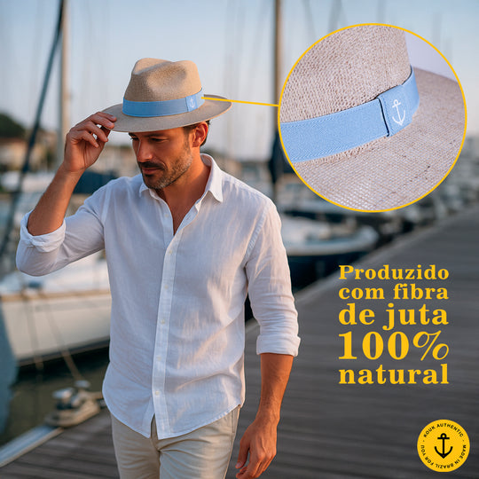 Chapéu de Juta Natural com Faixa Azul Bebê