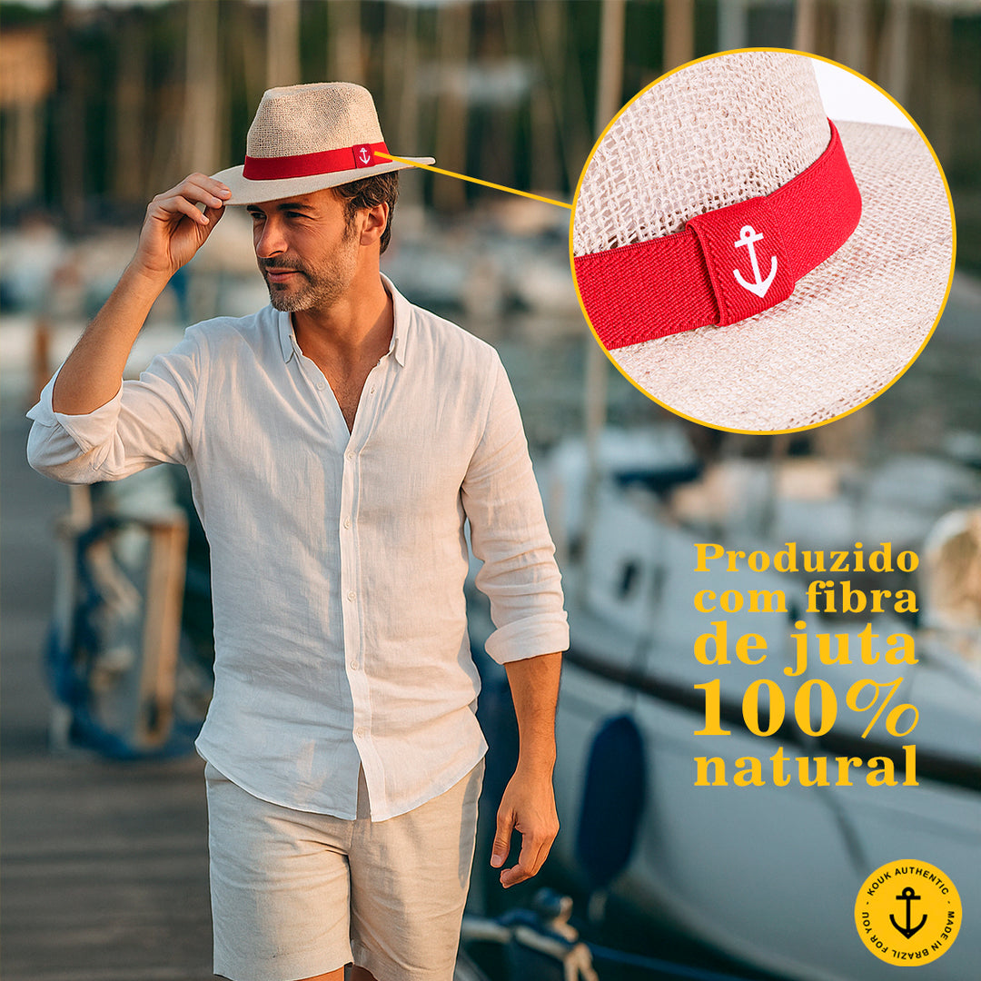 Chapéu de Juta Natural com Faixa Vermelho