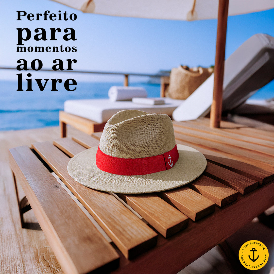 Chapéu de Juta Natural com Faixa Vermelho