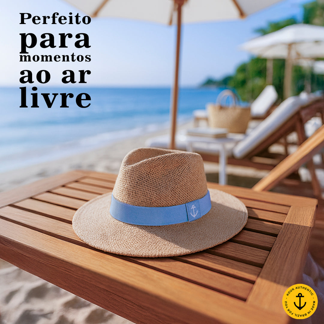 Chapéu de Juta Natural com Faixa Azul Bebê