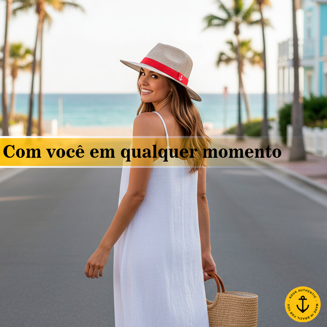 Chapéu de Juta Natural com Faixa Vermelho